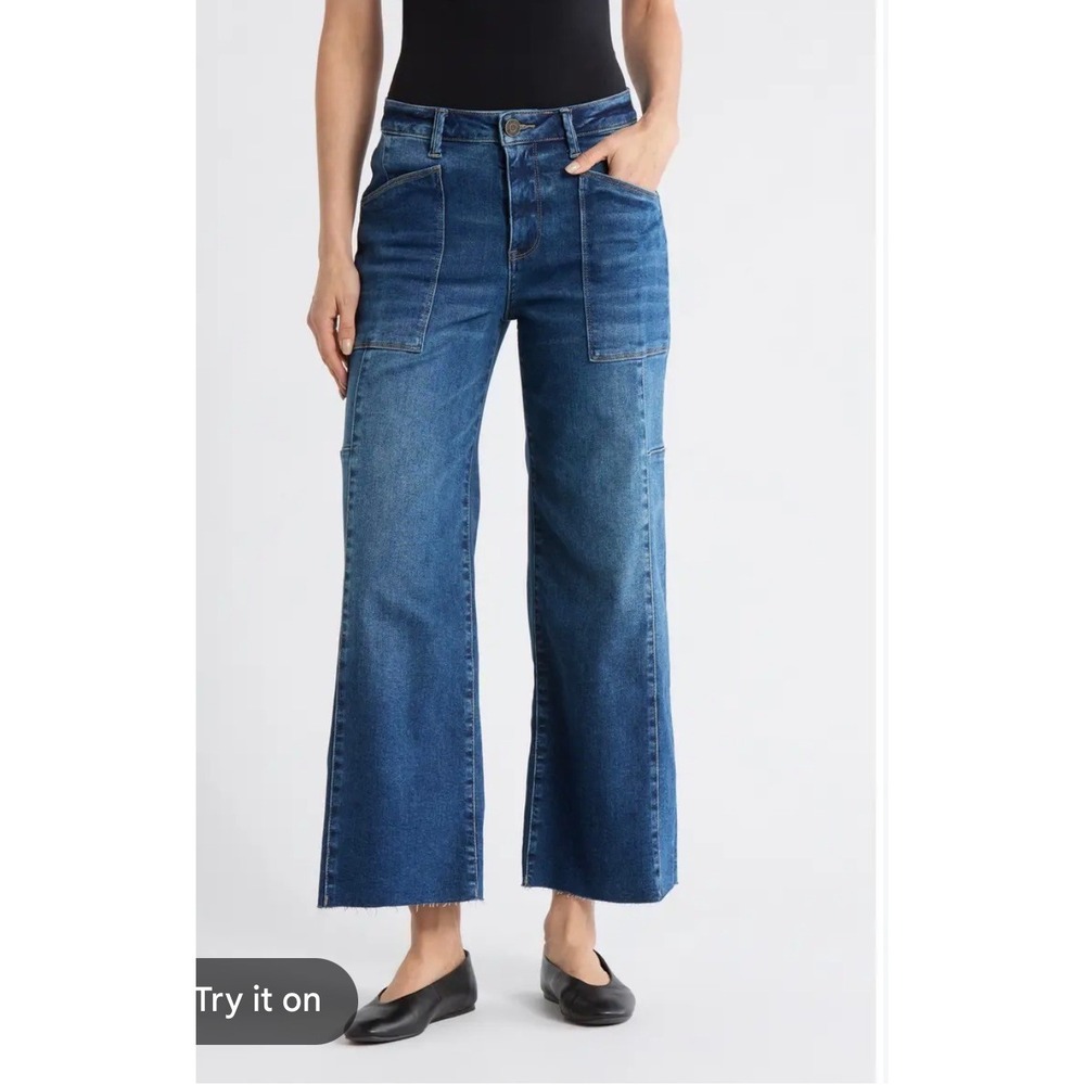 Kut from the Kloth Meg Fab Ab Wide Leg Jeans High Rise Raw Hem Blue Denim 2